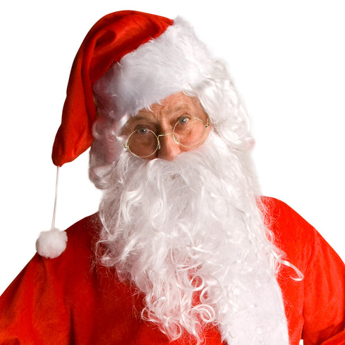 Kerstmanbril met goudkleurig montuur laag op de neus onder een rode kerstmuts