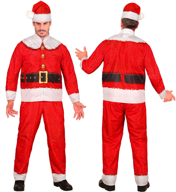 Kerstmanpak op model zonder baard: jas, broek en rode puntmuts met witte pompon