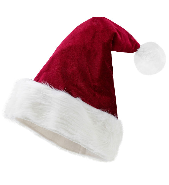 Kerstmuts Santa December in donkerrood met brede witte pluizige rand en grote witte pompon