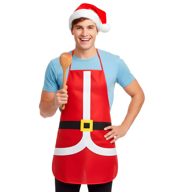 Kerstschort voor heren met gele gespprint, gedragen met kerstmuts en pollepel