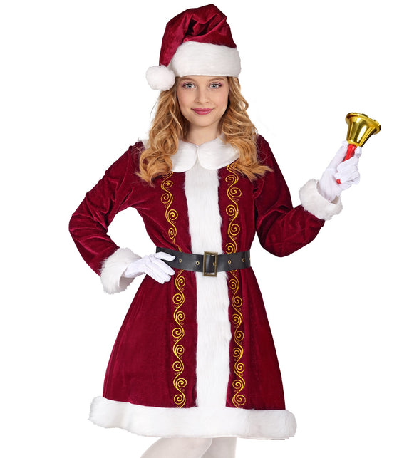 Kerstvrouw jurkje Claus kinderen in donkerrood met witte bontkraag en gouden krullen voor Kerst