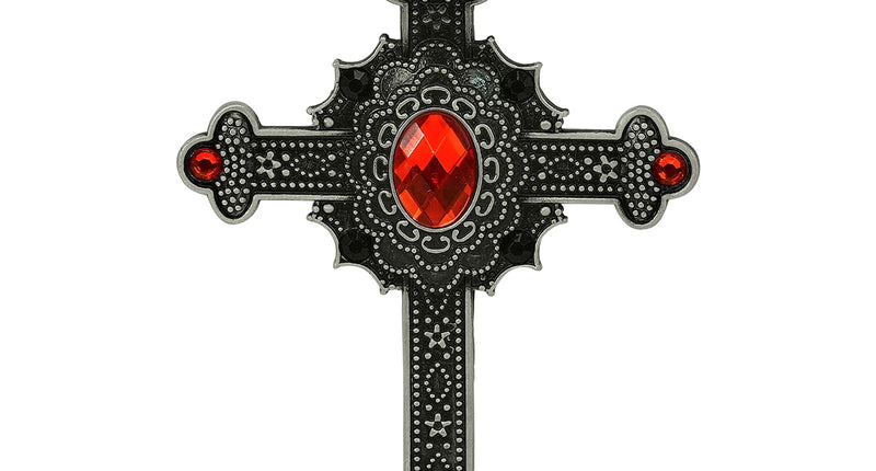 Ketting kruis met rode juwelen met facetgeslepen ovale steen en donker reliëfwerk
