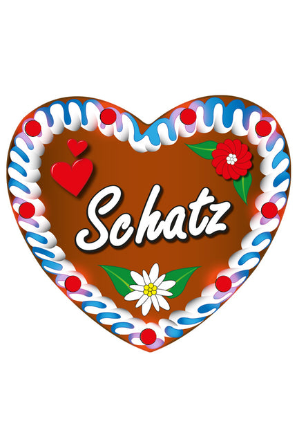 Ketting peperkoekhart Schatz met blauw-witte sierrand, rode bloem en witte edelweiss voor Oktoberfest
