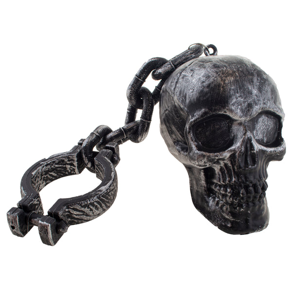 Ketting met schedel in zwart met witte vegen, doodskop aan schakelketting met open handboei voor Halloween