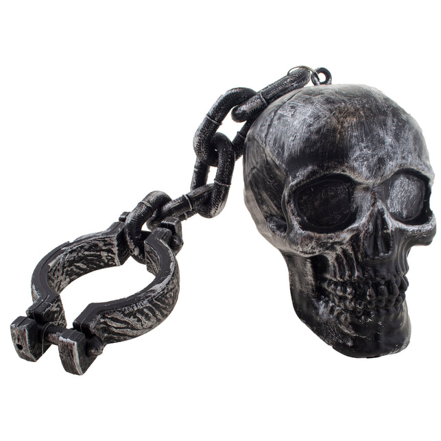 Ketting met schedel in zwart met witte vegen, doodskop aan schakelketting met open handboei voor Halloween