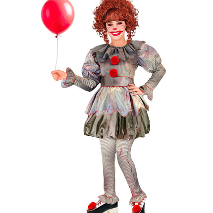 Killer clown jurk met geschulpte kraag, pofmouwen en ballonrok, gedragen met rode ballon