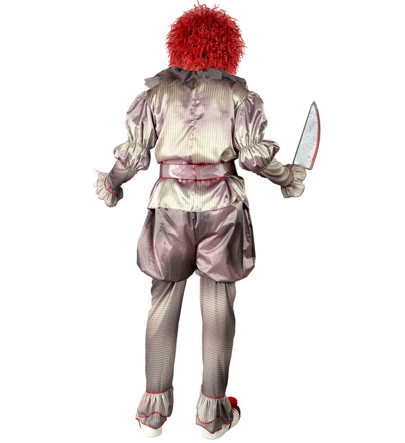Killer clown kostuum achterzijde met gerimpelde manchetten en geschulpte enkelranden