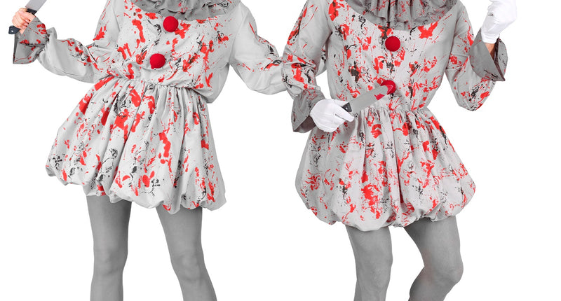 Killer clown kostuum Guus in grijs met rode bloedprint, gedragen door dame en heer op Halloween