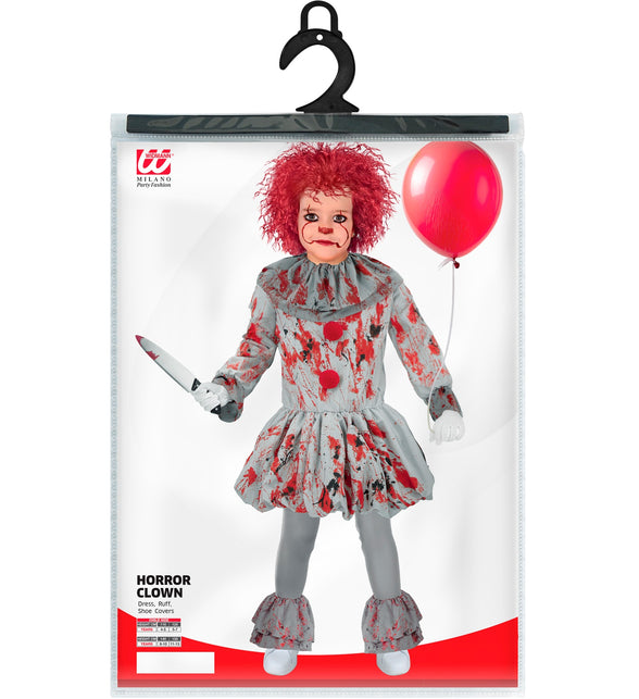 Killer clown kostuum Guus kinderen in de verpakking met maattabel van Widmann