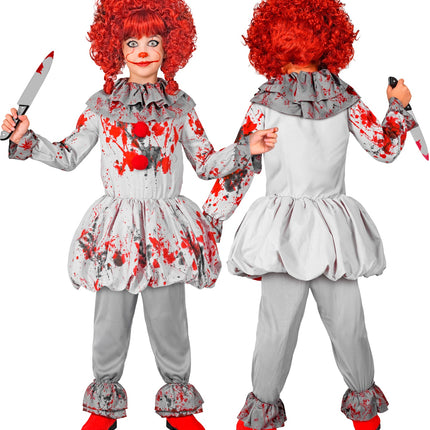 Killer clown kostuum kind voor- en achterkant met dubbele ruche-kraag en rode pompons
