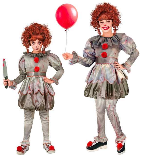 Killer clown kostuum kind en volwassene, grijs gestreepte jurk met rode pompons voor Halloween