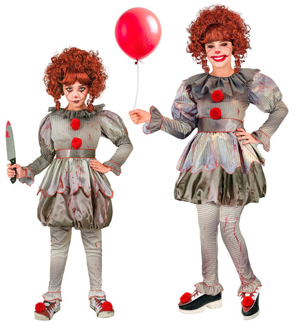 Killer clown kostuum kind en volwassene, grijs gestreepte jurk met rode pompons voor Halloween
