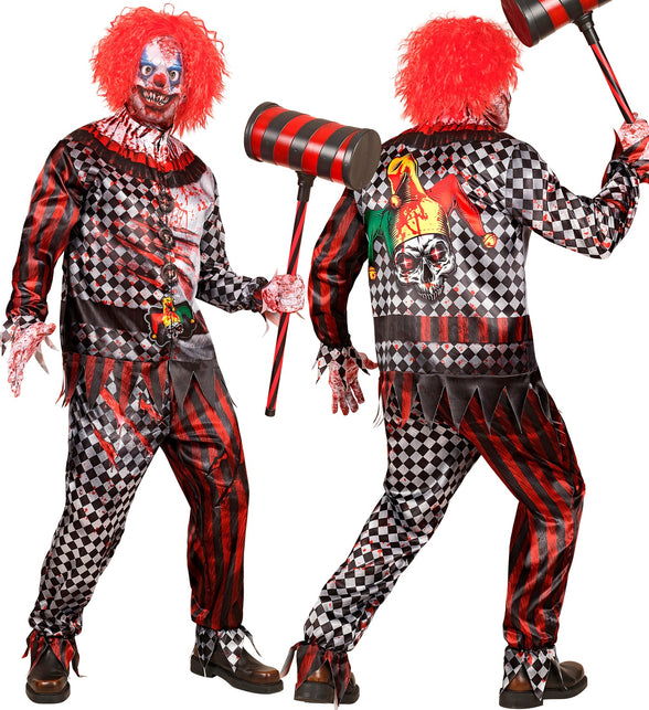 Killer clown kostuum met schedelopdruk met narrenkap op de rug van de jas