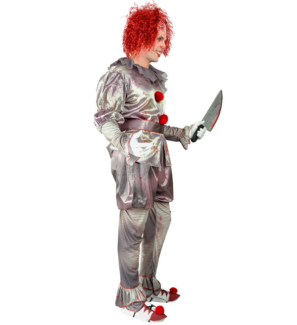 Killer clown kostuum zijaanzicht met gestreepte broek en overzetschoenen met rode bies