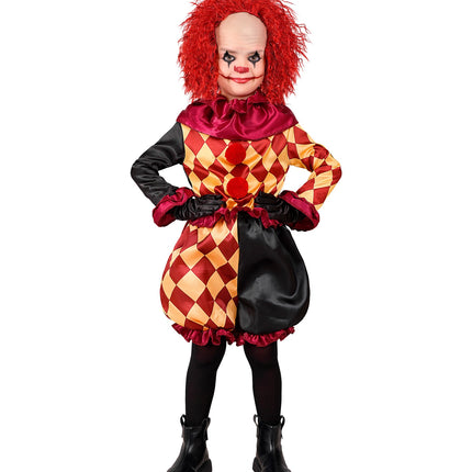 Killer clown pak voor jongens vooraanzicht met bolstaande broek in zwart en rood-goud ruitpatroon