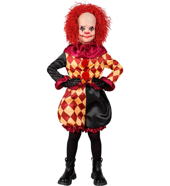Killer clown pak voor jongens vooraanzicht met bolstaande broek in zwart en rood-goud ruitpatroon