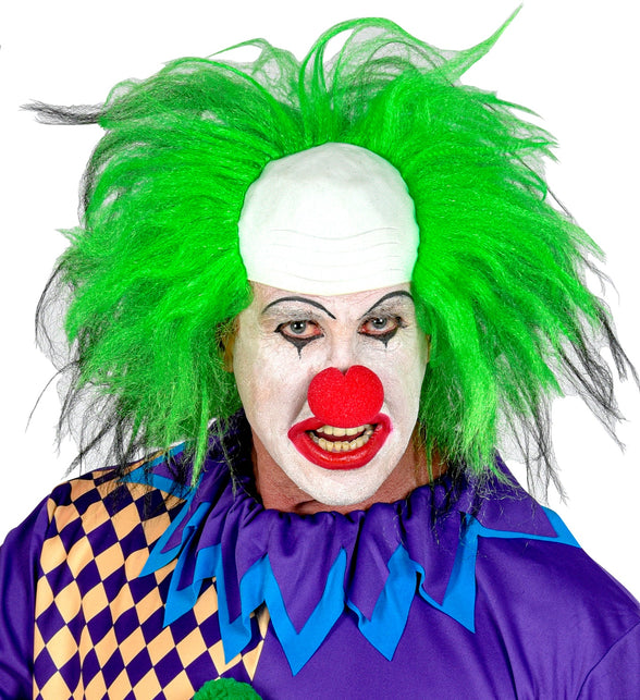 Killer clown pruik groen bij een paars clownspak met ruitpatroon en blauwe kraag
