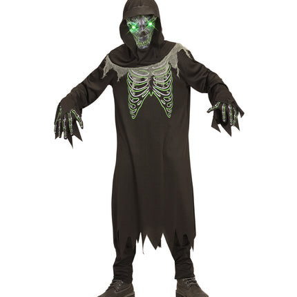 Kind in zwart Magere Hein gewaad met gerafelde zoom en skelethandschoenen voor Halloween