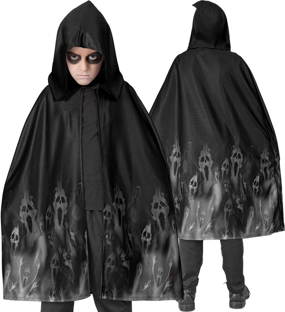 Kindercape zwart met capuchon op, spookgezichten langs de onderrand van het polyester