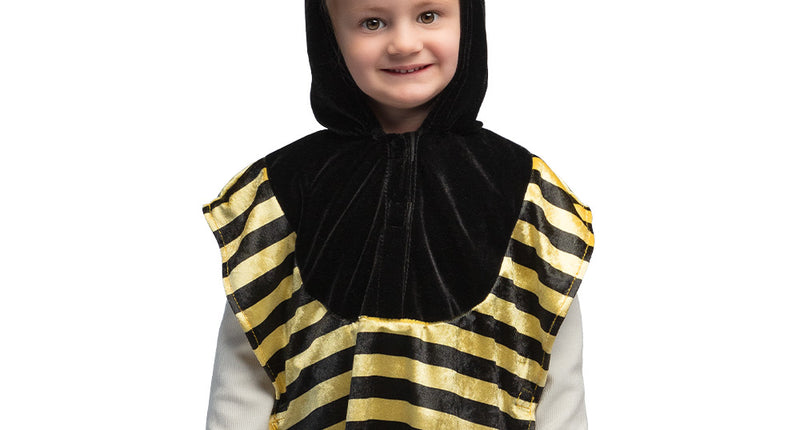 Kinderponcho honingbij in zwart met gele strepen en capuchon met sprietjes, voor een dierenfeest