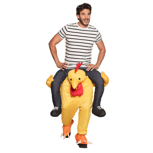 Kip instapbroek volwassenen in geel met rode kam, lel en oranje poten, voor een verkleedfeest