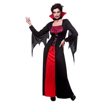 Klassiek vampier jurkje in zwart met rode baan, hoge rode kraag en vleermuismouwen voor Halloween