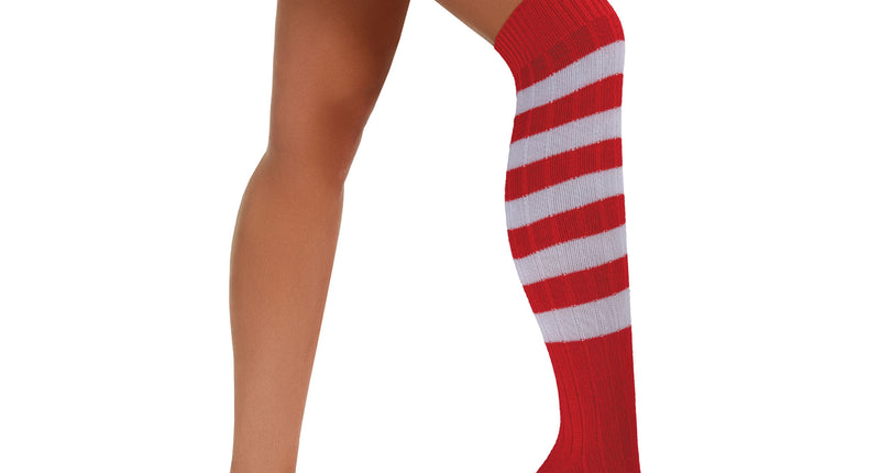 Kniekousen rood wit gestreept van acryl, circa 55 cm lang, gedragen tot onder de knie voor carnaval