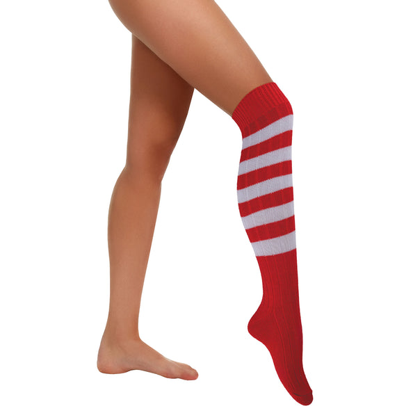 Kniekousen rood wit gestreept van acryl, circa 55 cm lang, gedragen tot onder de knie voor carnaval