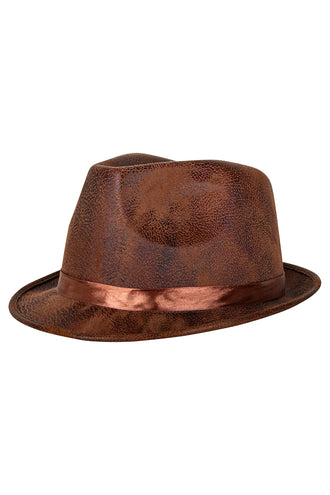 Kojac hoed leather look schuin gezien, verweerde leerprint en koperbruine band