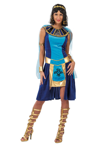 Koningin Maya kostuum voor dames, blauwe jurk met gouden sierkraag, voile cape en armstukken