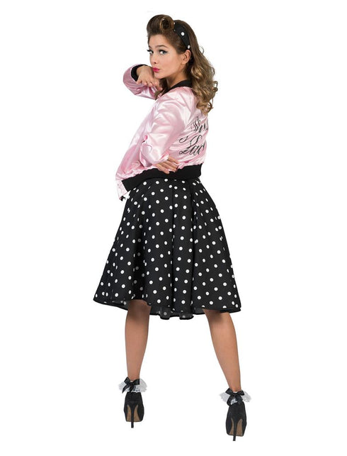 Kort roze Grease jasje van opzij, met zwarte taille- en mouwboorden bij een rock-'n-rolllook