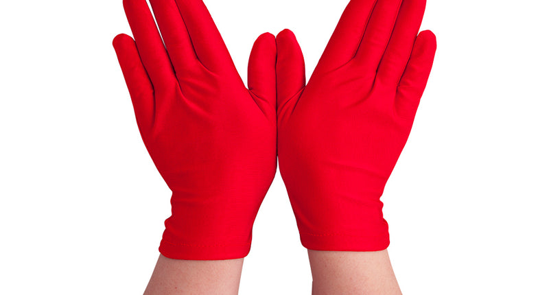 Korte dames handschoenen rood Lini, felrood met omgestikte zoom tot net over de pols, voor Sinterklaas