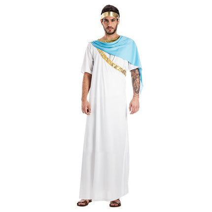 Kostuum Aurelius Romeinse keizer heren, wit gewaad met lichtblauwe omslagdoek en gouden hoofdband voor een togafeest