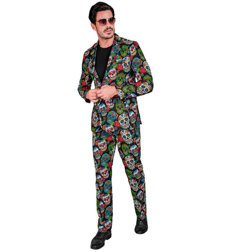 Kostuum dag van de doden Mexico met kleurrijke calaveraprint op zwart, jas en broek voor heren
