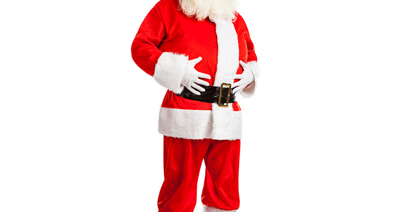 Kostuum Diamond Santa: rood kerstmanpak met witte pluche randen, zwarte riem en laarstops voor heren
