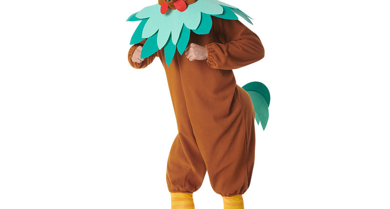Kostuum El pollo loco kip heren, bruine jumpsuit met kap, rode kam, gele snavel en turquoise kraag, vooraanzicht