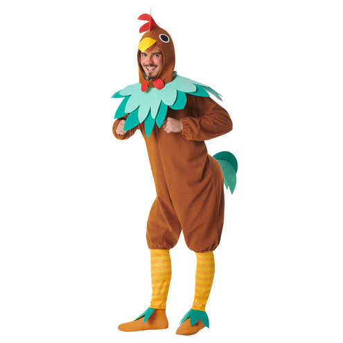 Kostuum El pollo loco kip heren, bruine jumpsuit met kap, rode kam, gele snavel en turquoise kraag, vooraanzicht