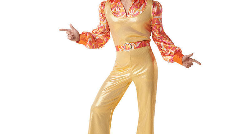 Kostuum Funky king 70s 80s heren met gouden top, bloemenshirt met pofmouwen en wijde gouden broek