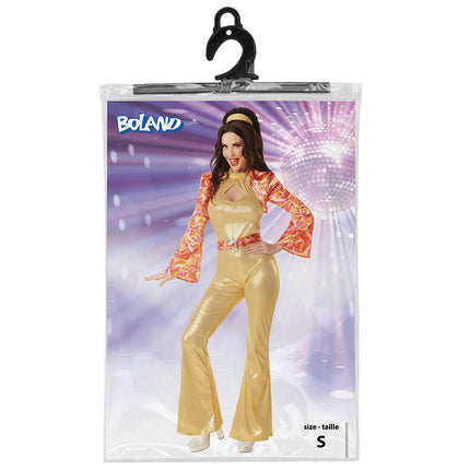Kostuum Funky queen 70s 80s dames in de Boland-verpakking met gouden jumpsuit en bloemengilet