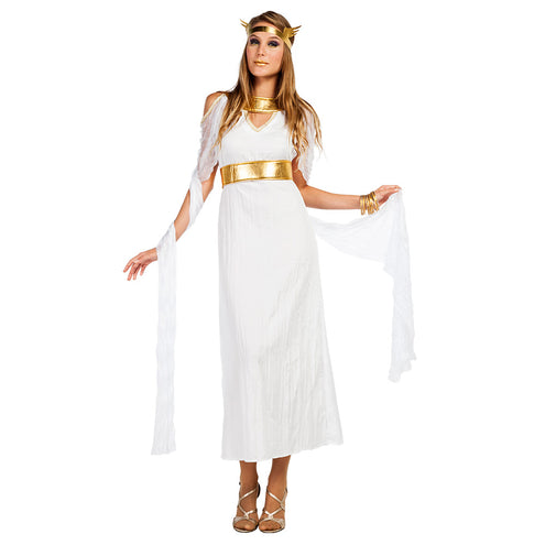 Kostuum godin Hera Griekse dames: lange witte jurk met linten, gouden riem en hoofdband voor een togafeest