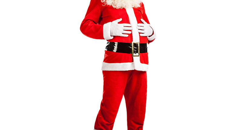 Kostuum Happy Santa in rood met witte boorden, zwarte riem en laarstops voor Kerst