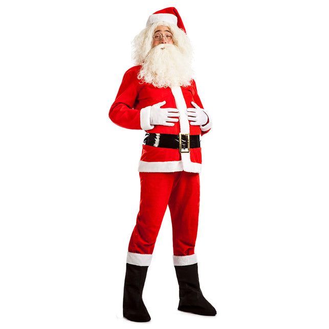 Kostuum Happy Santa in rood met witte boorden, zwarte riem en laarstops voor Kerst