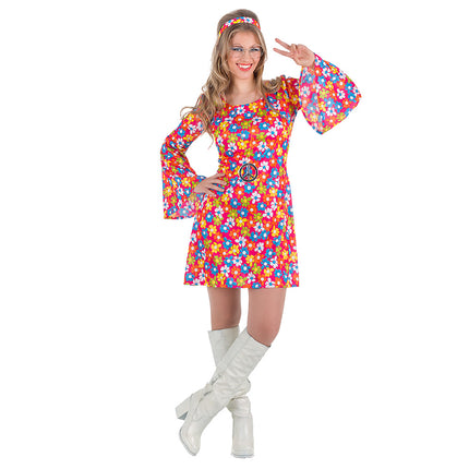 Kostuum hippie flower power dames, korte bloemenjurk met klokmouwen en hoofdband voor een jaren 60-feest