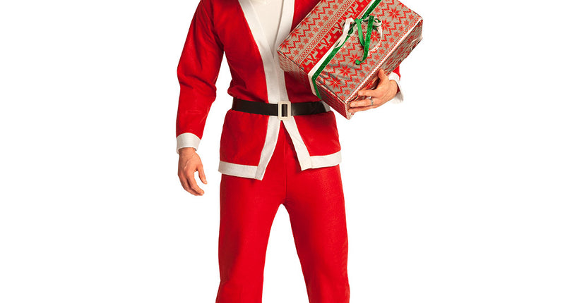 Kostuum Kerstman promo voor heren: rode jas met witte biezen, zwarte riem, muts en witte baard voor Kerst