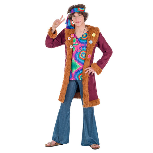 Kostuum Mojo hippie heren met bordeauxrode bloemenmantel, tie-dye shirt en wijde broek voor een jaren 70-feest