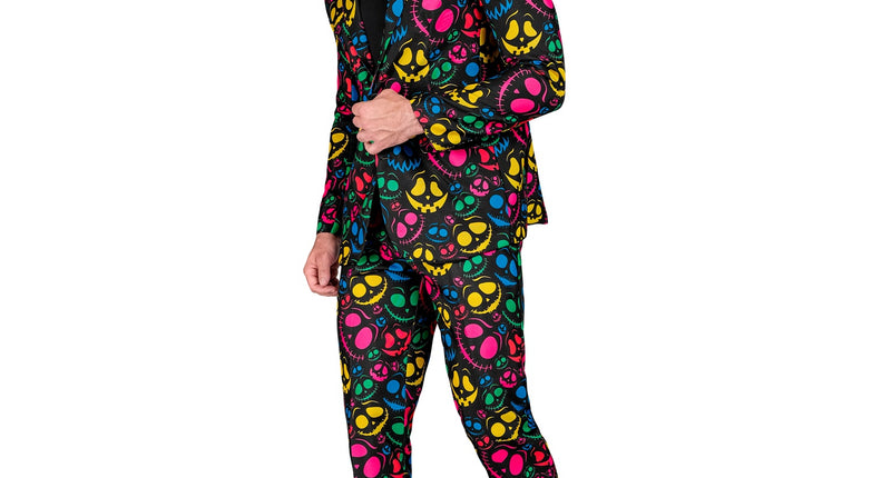 Kostuum neon geesten Halloween met gekleurde spookkoppen op zwarte jas en broek, voor heren