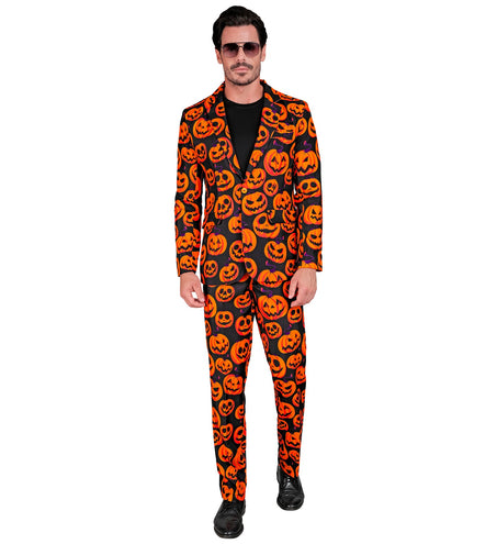 Kostuum pompoen halloween voor heren: zwart colbert en broek met oranje pompoengezichten voor Halloween