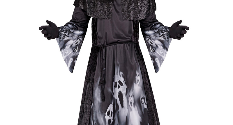 Kostuum schreeuwende zielen heren, zwart gewaad met kap, cape en spookopdruk voor Halloween