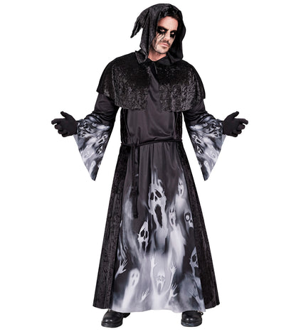 Kostuum schreeuwende zielen heren, zwart gewaad met kap, cape en spookopdruk voor Halloween