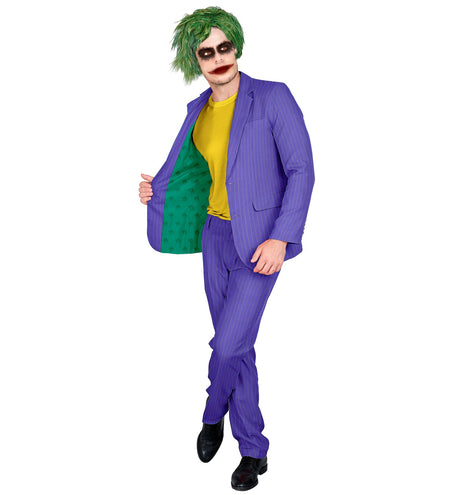 Kostuum wreede clown suit paars met krijtstreep en groene voering, voor Halloween